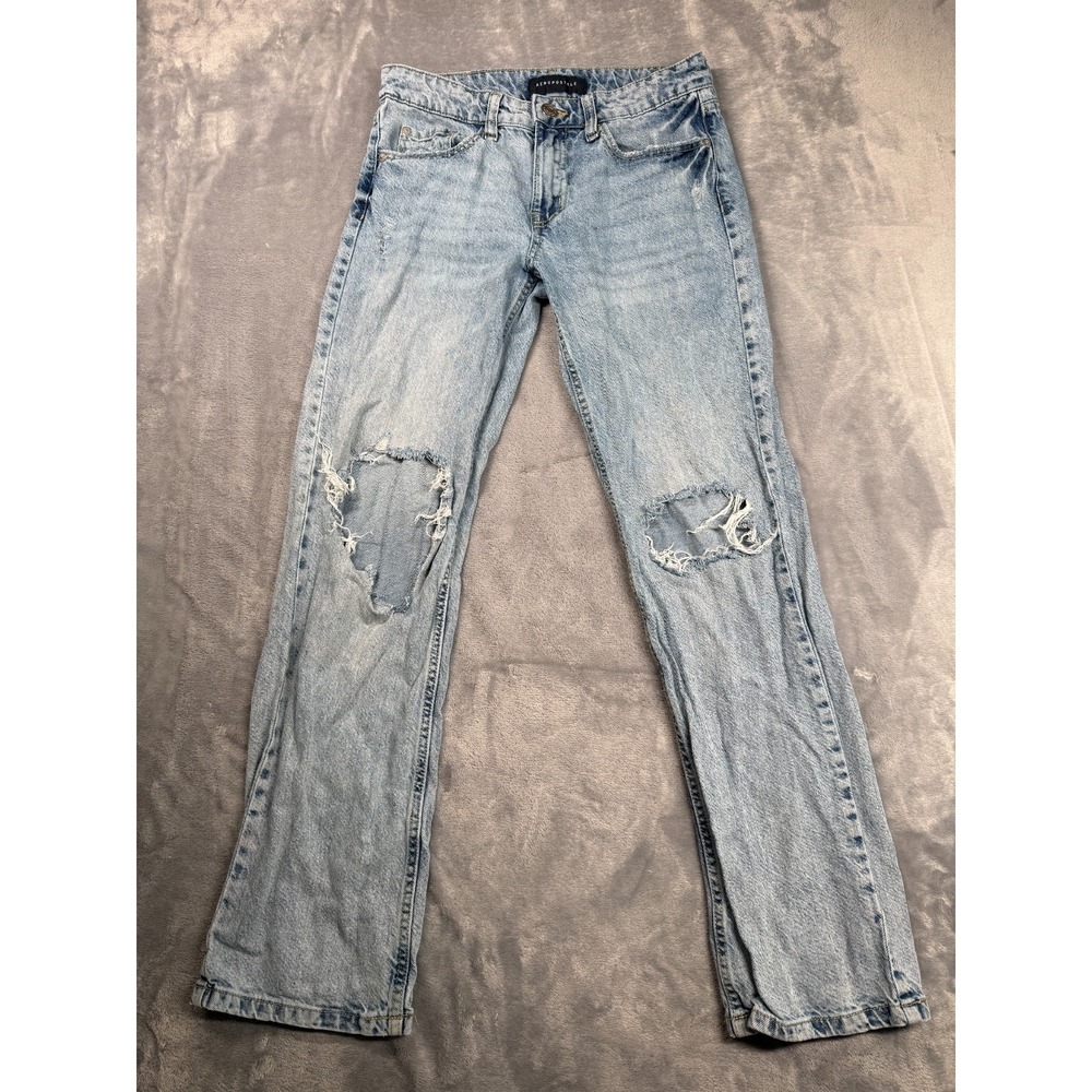 Aeropostale 90's Baggy Jeans Womens 0 Blue Whisker Denim Cotton Low Rise Ripped